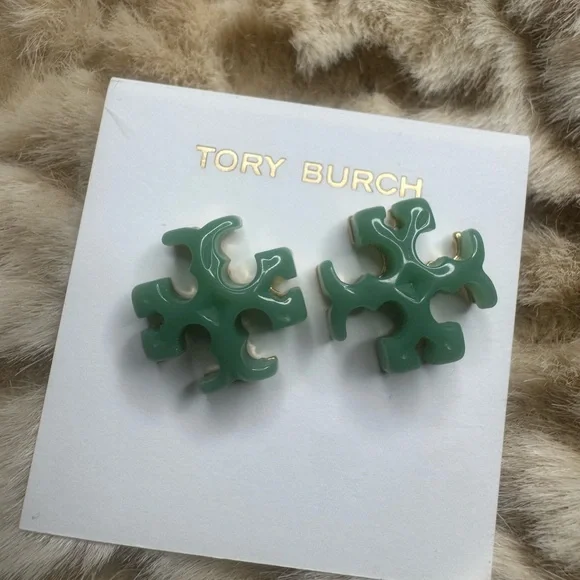 Tory Burch Green Logo Stud Earrings - Picture 1 of 12